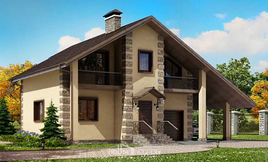 150-003-П Проект двухэтажного дома с мансардным этажом, гараж, бюджетный коттедж из газобетона Могоча | Проекты домов от House Expert