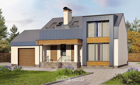150-015-П Проект двухэтажного дома мансардой, гараж, недорогой дом из газобетона Краснокаменск | Проекты домов от House Expert